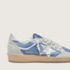 Damen-Modell «Ball Star» aus denimblauem Nylon mit hellgrauen Wildledereinsätzen und einem Stern aus metallisch-silbernem Leder