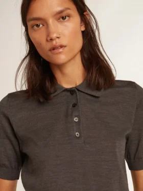 Damen-Poloshirt aus anthrazitfarbener Merinowolle
