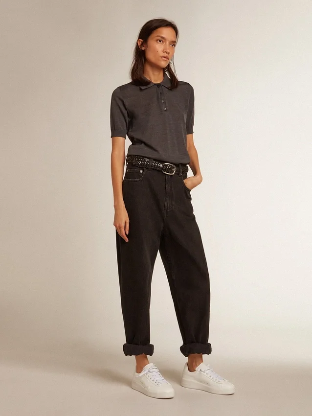 Damen-Poloshirt aus anthrazitfarbener Merinowolle