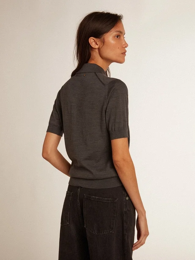Damen-Poloshirt aus anthrazitfarbener Merinowolle