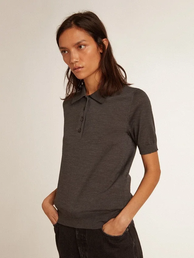 Damen-Poloshirt aus anthrazitfarbener Merinowolle