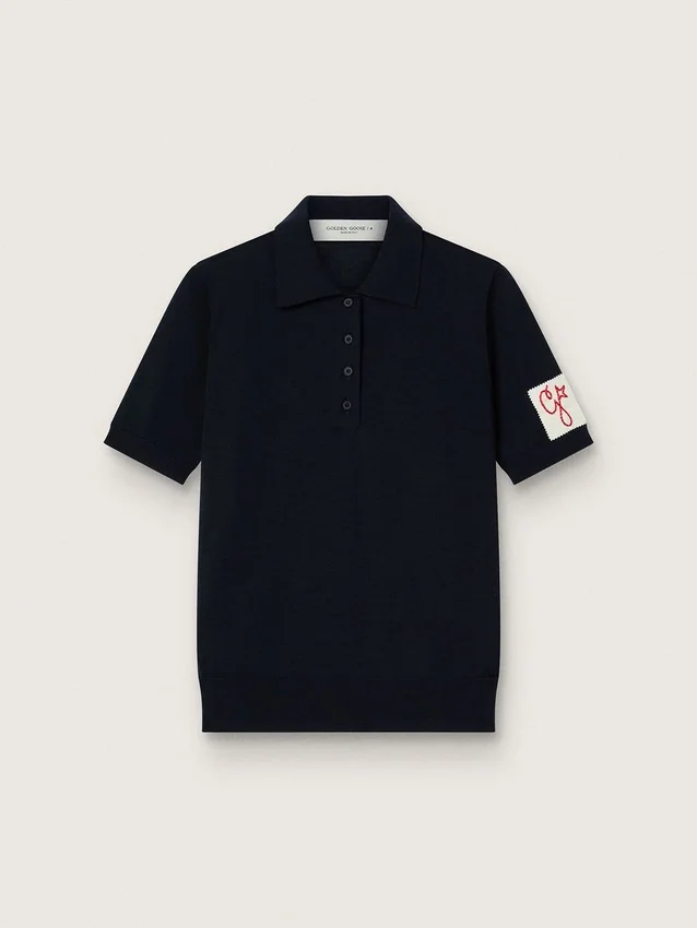 Damen-Poloshirt aus marineblauer Merinowolle