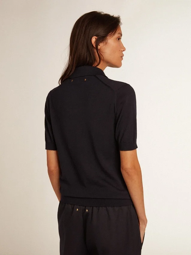 Damen-Poloshirt aus marineblauer Merinowolle