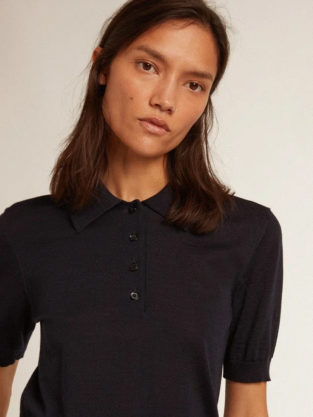 Damen-Poloshirt aus marineblauer Merinowolle