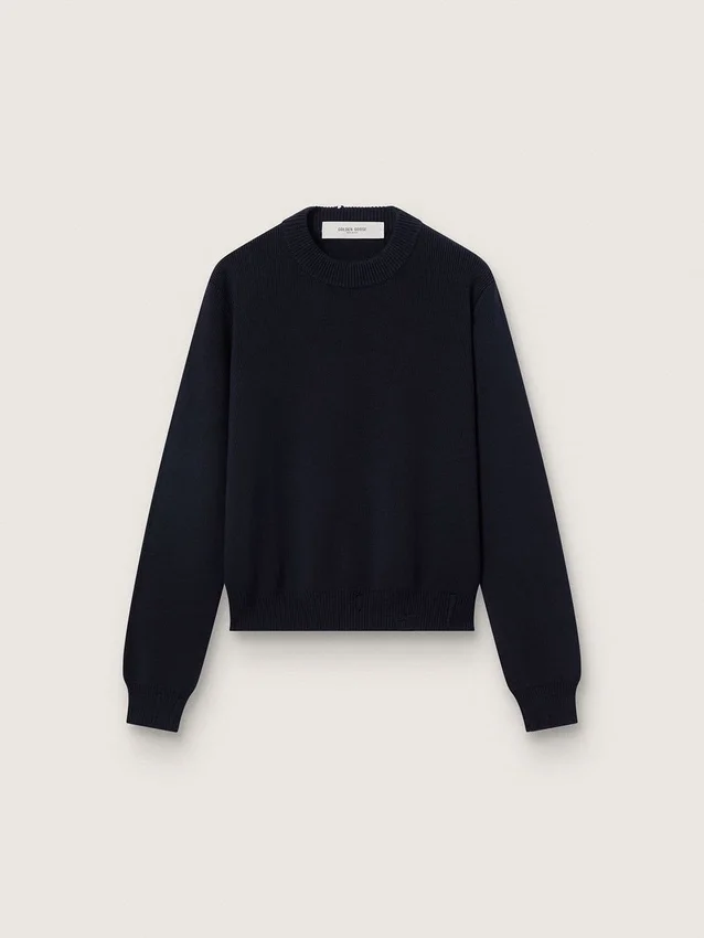 Damen-Pullover mit Rundhalsausschnitt aus dunkelblauer Baumwolle