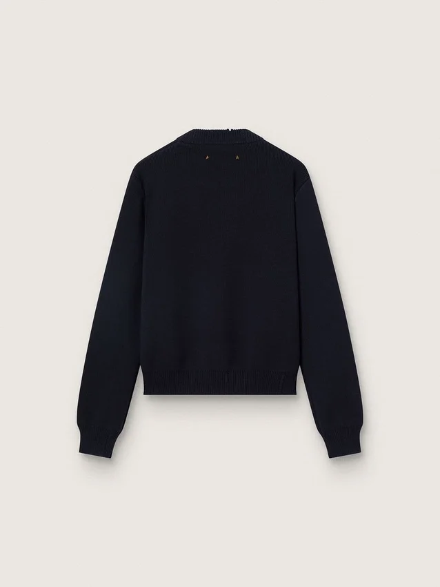 Damen-Pullover mit Rundhalsausschnitt aus dunkelblauer Baumwolle