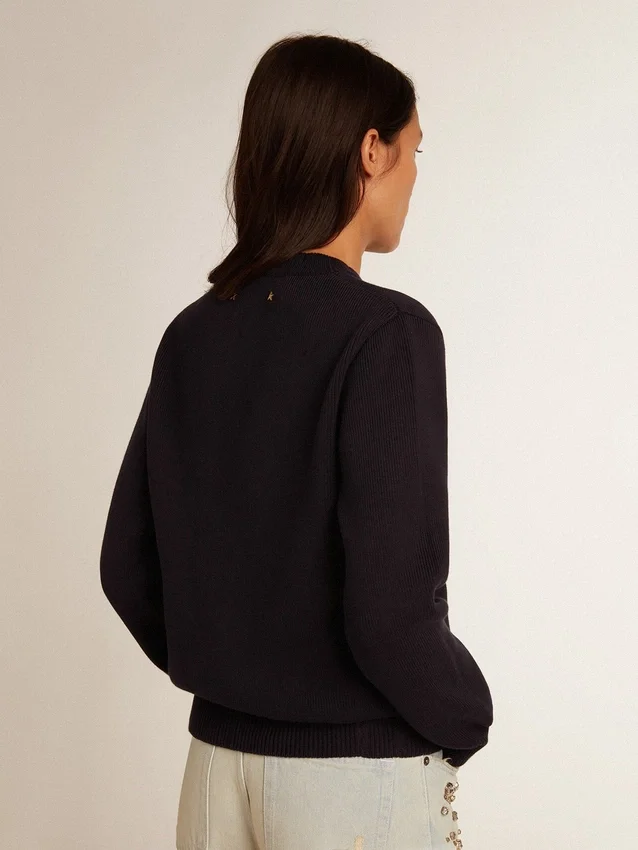 Damen-Pullover mit Rundhalsausschnitt aus dunkelblauer Baumwolle