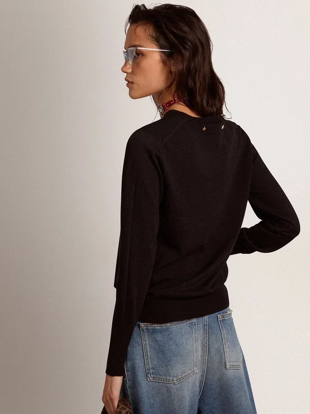 Damen-Pullover mit Rundhalsausschnitt aus schwarzer Wolle