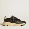 Damen-Running Sole in schwarzem Glitzer mit Lederstern und Fersenlasche aus Nubukleder