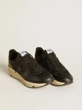 Damen-Running Sole in schwarzem Glitzer mit Lederstern und Fersenlasche aus Nubukleder