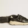 Damen-Running Sole in schwarzem Glitzer mit Lederstern und Fersenlasche aus Nubukleder