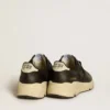 Damen-Running Sole in schwarzem Glitzer mit Lederstern und Fersenlasche aus Nubukleder