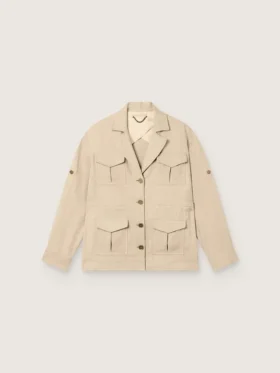 Damen-Safarijacke aus beiger Viskose mit Mikro-Chevron-Muster