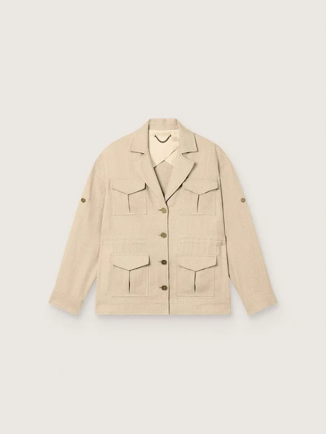 Damen-Safarijacke aus beiger Viskose mit Mikro-Chevron-Muster
