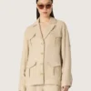 Damen-Safarijacke aus beiger Viskose mit Mikro-Chevron-Muster
