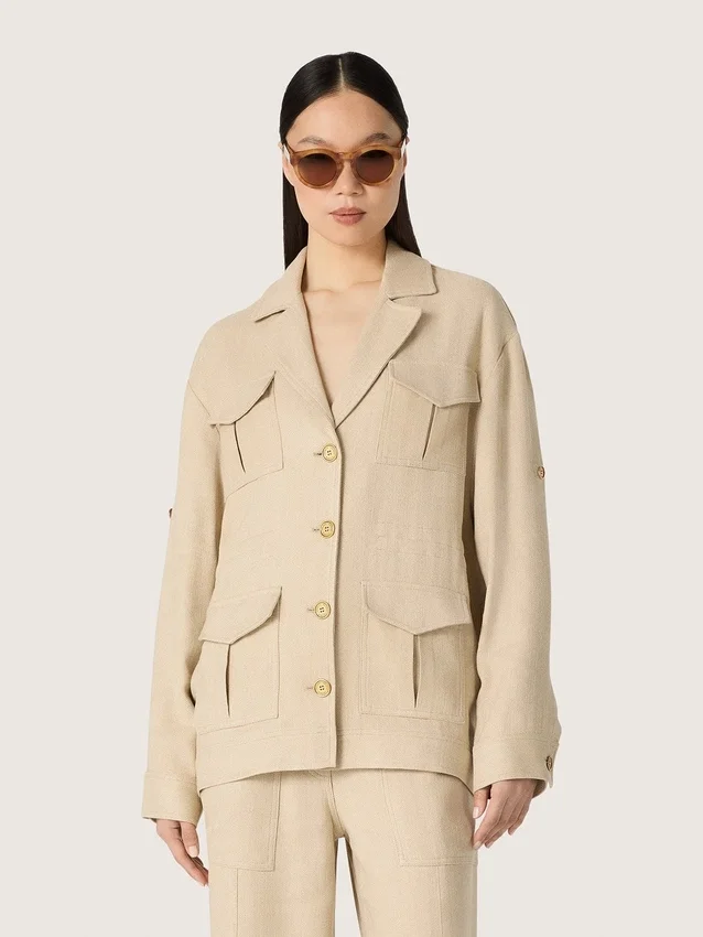 Damen-Safarijacke aus beiger Viskose mit Mikro-Chevron-Muster