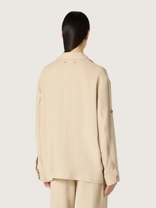 Damen-Safarijacke aus beiger Viskose mit Mikro-Chevron-Muster