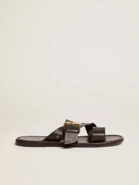Damen-Sandalen «Margaret» aus schwarzem, harzbeschichtetem Leder