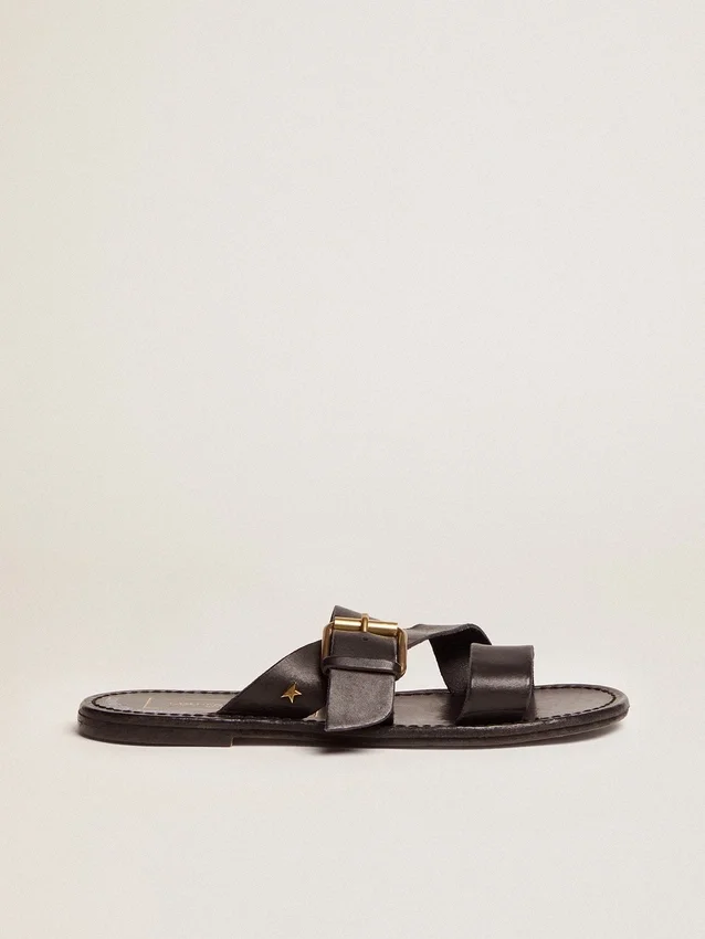 Damen-Sandalen «Margaret» aus schwarzem, harzbeschichtetem Leder