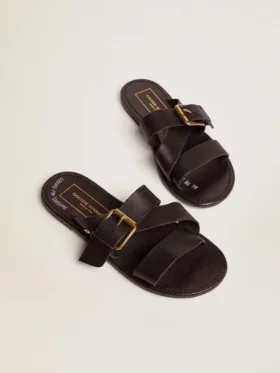 Damen-Sandalen «Margaret» aus schwarzem, harzbeschichtetem Leder