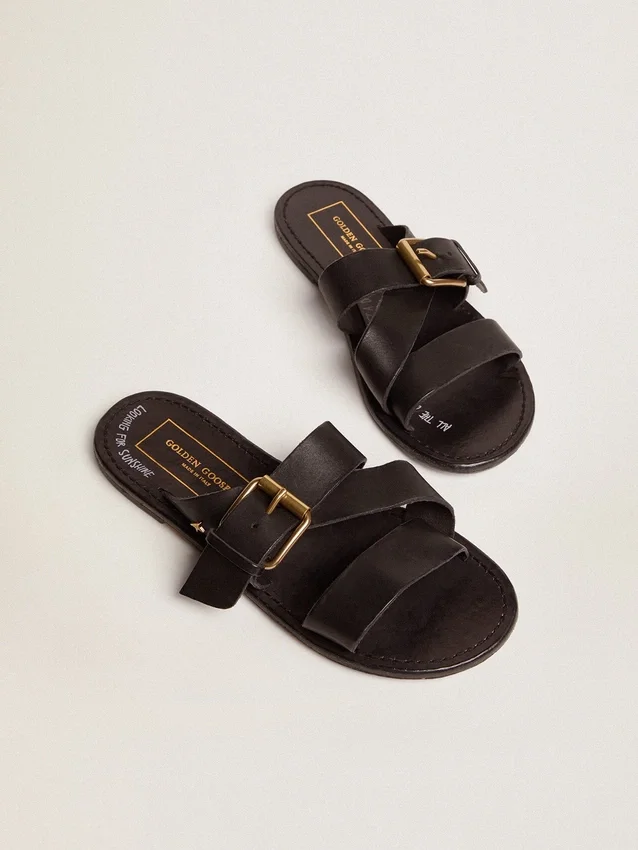 Damen-Sandalen «Margaret» aus schwarzem, harzbeschichtetem Leder
