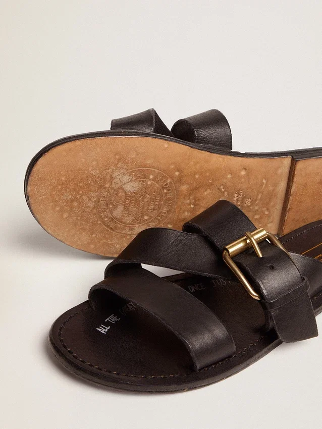 Damen-Sandalen «Margaret» aus schwarzem, harzbeschichtetem Leder