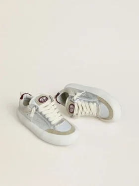 Damen-Schuhe «Space-Star Cube» aus eisgrauem und silbernem Leder mit burgunderroter Fersenlasche