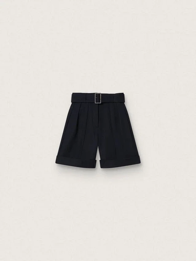 Damen-Shorts aus schwarzem Wollgabardine mit Taillengürtel