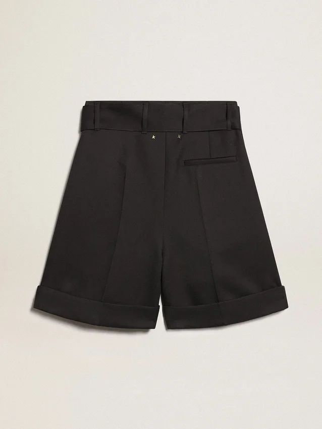 Damen-Shorts aus schwarzem Wollgabardine mit Taillengürtel