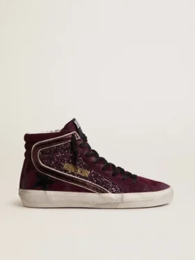 Damen-Slide aus Black-Cherry-Glitzer und Wildleder mit Lederstern und Metallic-Leder-Akzent