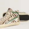 Damen-Slide aus Ponyfell mit Zebra-Print und grünem Laminat-Leder-Einsatz