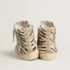 Damen-Slide aus Ponyfell mit Zebra-Print und grünem Laminat-Leder-Einsatz