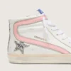 Damen-Slide aus weissem Leder mit silbernem Glitzerstern und rosa Lederakzent
