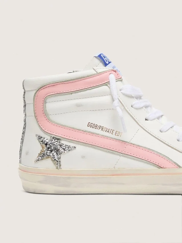 Damen-Slide aus weissem Leder mit silbernem Glitzerstern und rosa Lederakzent