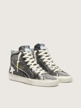 Damen-Slide in Schwarz und Silberglitzer mit Lederstern und Metallic-Akzenten