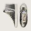 Damen-Slide in Schwarz und Silberglitzer mit Lederstern und Metallic-Akzenten