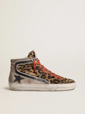 Damen-Slide LTD aus Ponyfell mit Leopardenmuster, metallischem Lederstern und Glitzer