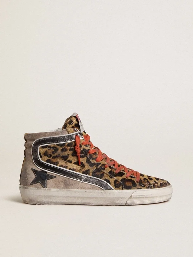 Damen-Slide LTD aus Ponyfell mit Leopardenmuster, metallischem Lederstern und Glitzer