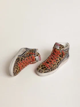 Damen-Slide LTD aus Ponyfell mit Leopardenmuster, metallischem Lederstern und Glitzer