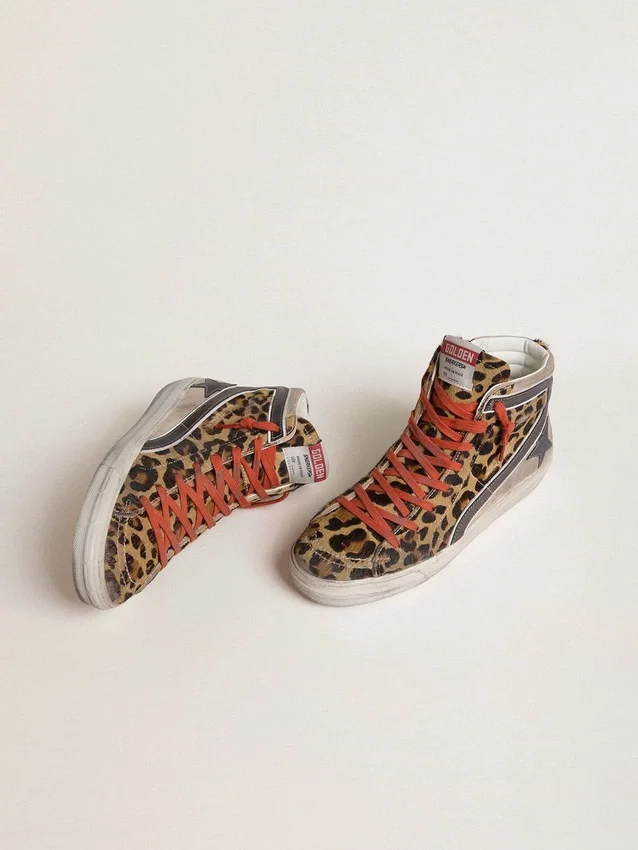 Damen-Slide LTD aus Ponyfell mit Leopardenmuster, metallischem Lederstern und Glitzer