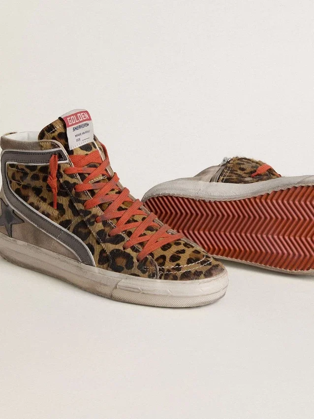 Damen-Slide LTD aus Ponyfell mit Leopardenmuster, metallischem Lederstern und Glitzer
