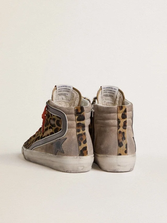Damen-Slide LTD aus Ponyfell mit Leopardenmuster, metallischem Lederstern und Glitzer