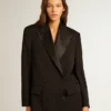 Damen-Smokingjacke aus schwarzem Wollgabardine