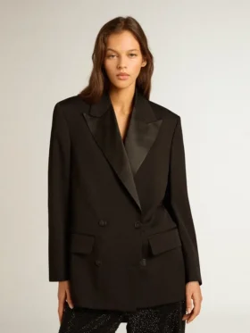 Damen-Smokingjacke aus schwarzem Wollgabardine