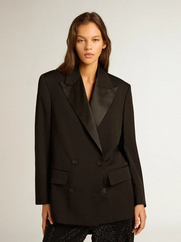 Damen-Smokingjacke aus schwarzem Wollgabardine
