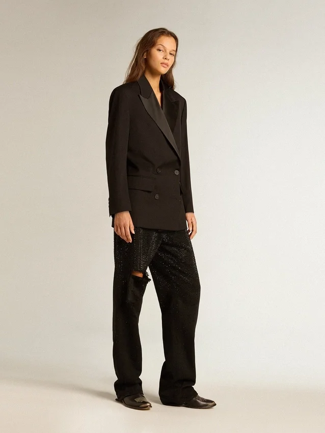 Damen-Smokingjacke aus schwarzem Wollgabardine