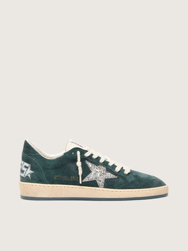 Damen-Sneaker «Ball Star» aus grünem Wildleder mit silbernem Glitzerstern