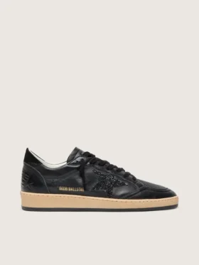 Damen-Sneaker «Ball Star» aus schwarzem Nappa mit schwarzem Glitzerstern und Fersenlasche aus Wildleder