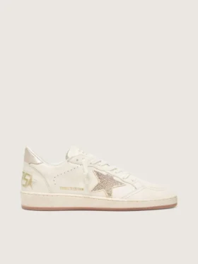 Damen-Sneaker «Ball Star» aus weissem Leder mit Kristallstern und metallischer Fersenlasche