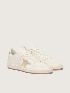 Damen-Sneaker «Ball Star» aus weissem Leder mit Kristallstern und metallischer Fersenlasche